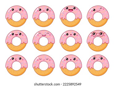 Set of Kawaii Donut Cartoon Character. Collection of cute donuts with different mood. Sweet bakery in different expressions - happy, sad, cry, fear. Vector illustration EPS8