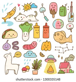 Set of kawaii doodle, food, animal, and other objects 