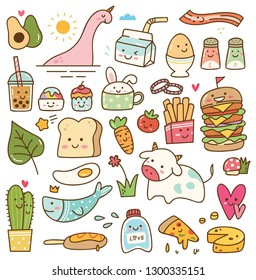 Set of kawaii doodle, food, animal, and other objects 