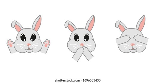 set of kawaii doodle rabbits bunnies, cute domestic animal, lovely cartoon drawing pet, editable vector illustration for kids decoration, poster, t shirt print, card, stickers