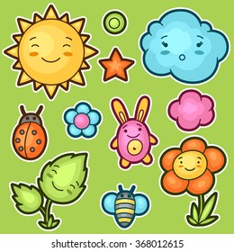 Set of kawaii doodles with different facial expressions. Spring collection of cheerful cartoon characters sun, cloud, flower, leaf, beetles and decorative objects.