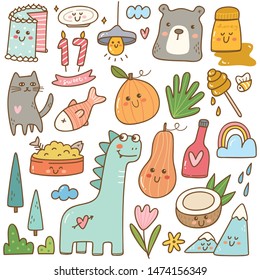 Set Of Kawaii Doodles Isolated On White Background, Suitable For Stickers, Scrapbooking And Fashion Patches