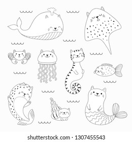 Set of kawaii doodles of sea animals with cat ears, mermaid, jellyfish, ray, whale, fish, seal. Isolated objects. Hand drawn vector illustration. Line drawing. Design concept coloring pages for kids.