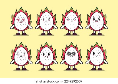 Set kawaii Dragon fruit cartoon character different expressions cartoon face vector illustrations