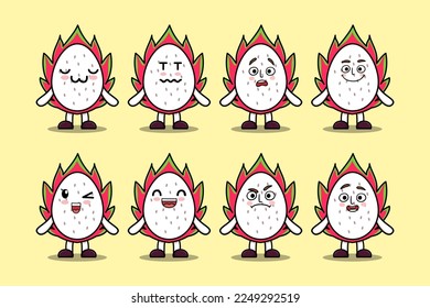 Set kawaii Dragon fruit cartoon character different expressions cartoon face vector illustrations