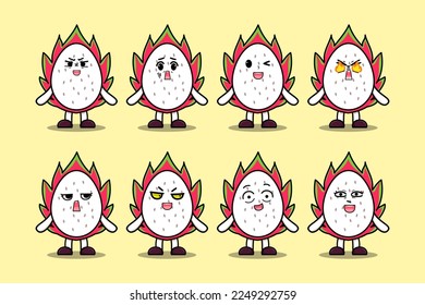 Set kawaii Dragon fruit cartoon character different expressions cartoon face vector illustrations