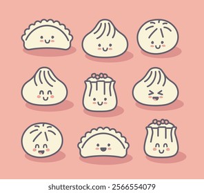 Set of kawaii dumplings, Xiao Long Bao, Siu Mai, Baozi, vareniki, gyoza, mandu, pelmeni, khinkali, pierogi Vector stylized line art elements