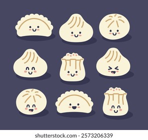 Set of kawaii dumplings, Xiao Long Bao, Siu Mai, Baozi, vareniki, gyoza, mandu, pelmeni, khinkali, pierogi Vector stylized line art elements