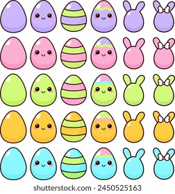 A set of kawaii Easter eggs in pastel colors.