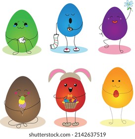 A set of kawaii easter eggs. Vector image of cheerful Easter eggs in different poses and a festive mood.	