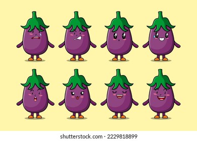 Set kawaii Eggplant cartoon character with different expressions cartoon face vector illustrations