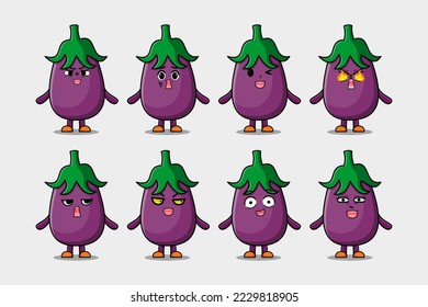 Set kawaii Eggplant cartoon character with different expressions cartoon face vector illustrations