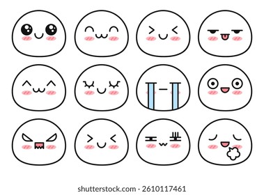 Set of Kawaii Emoji Faces with Various Emotions	