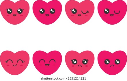 Set of kawaii emotions hearts in flat style. Valentine's Day love stickers. Flat icons
