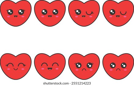 Set of kawaii emotions hearts in flat style. Valentine's Day love stickers. Flat icons