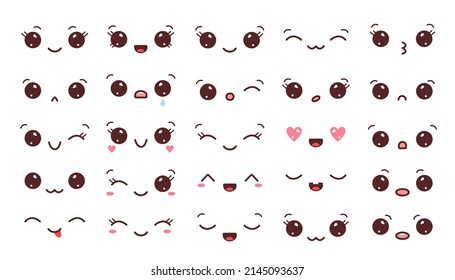 Set of kawaii faces. Collection of kawaii eyes and mouths with different emotions. Vector illustration isolated on white background