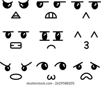 Set of kawaii faces, face expressions, isolated flat graphics, funny and cute faces