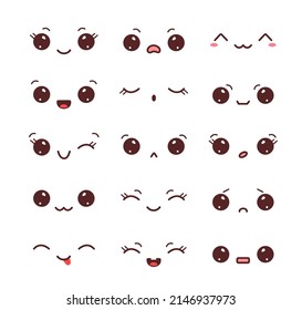 Set of kawaii faces isolated on white background. Collection of kawaii eyes and mouths with different emotions. Vector illustration