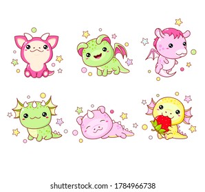 Set of kawaii fairy tale characters. Little dragon in various poses. Collection of funny happy baby dragons - flying, eating, sitting, sleeping, with strawberry. Cute fairytale collection. Vector EPS8