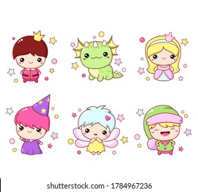 Set of kawaii fairy tale characters. Little fairy, prince, princess, dragon, wizard and elf. Cute fairytale collection. Vector EPS8