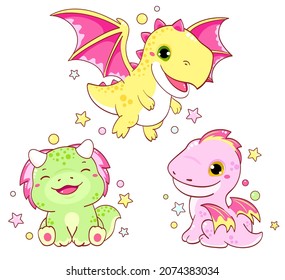 Set of kawaii fairy tale characters. Little dragons in various poses. Collection of funny happy baby dragons - flying, sitting, smiling. Cute fairytale collection. Vector EPS8