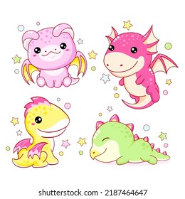 Set of kawaii fairy tale characters. Little dragons in various poses  - flying, sitting, smiling, sleeping. Collection of funny happy baby dragons. Cute fairytale collection. Vector EPS8