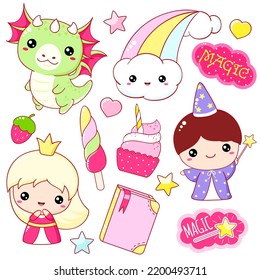 Set of kawaii fairy tale characters. Little princess, wizard, dragon, cupcake, ice cream, book, rainbow. Cute fairytale collection of funny happy baby characters. Vector illustration EPS8