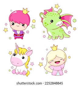 Set of kawaii fairy tale characters. Little princess, prince, unicorn and dragon. Cute fairytale collection of funny happy baby characters. Vector illustration EPS8