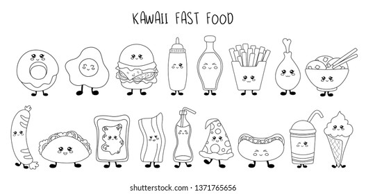 Set of kawaii fast food - black line sweets, junk food, sushi, desserts on white background, cute characters for print, cards. Isolated elements for design. Vector outline illustration