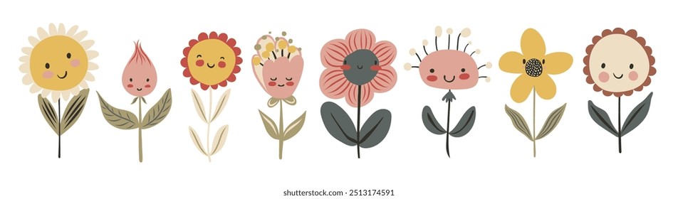 Set of kawaii flowers cute baby plant in cartoon style. Hand drawn vector doodle childish illustration. Isolated simple drawing for kid-friendly graphic and babyish book or card design.