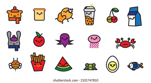 set of kawaii fodd icons and cute animals: rabbit, bear, medusa, cookie, milk, cup, crab, egg, fish, watermelon, fries, squid, cheeries, frog, bee, apple
