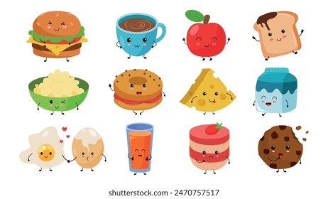 Set of kawaii food in cartoon style. Vector illustration of characters with emotions and poses: burger, cup of tea,apple,sandwich,plate of porridge,bagel,cheese,milk, eggs, juice, panna cotta, cookie.