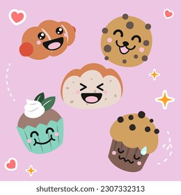 Set of kawaii food freshly baked bread with cute smiley face. Flat vector design