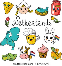 Set of  kawaii food icons with lettering Netherlands includs cheese, klomps, a cow, a hare, the flag of the Netherlands, a milk can, a herring sandwich, a beer mug, a girl in a traditional hat, tulip