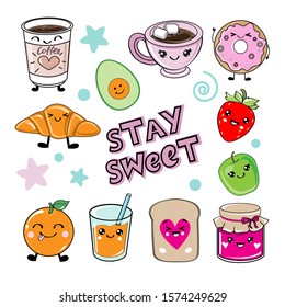 Set of kawaii food, sweets, coffee, jam, juice, orange, avocado and strawberries on a white background