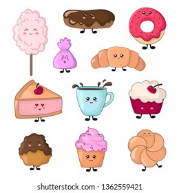 Set of kawaii food - sweets or desserts on white background, cute characters for print, cards. Donut, cake, bun, candy, cotton candy, cup of tea are smiling. Vector flat illustration