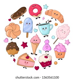 Set of kawaii food - sweets or desserts on white background, cute characters for print, cards. Donut, cake, bun, candy, cotton candy, cup of tea are smiling. Vector flat illustration