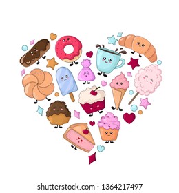 Set of kawaii food - sweets or desserts on white background, cute characters for print, cards. Donut, cake, bun, candy, cotton candy, cup of tea are smiling. Vector flat illustration