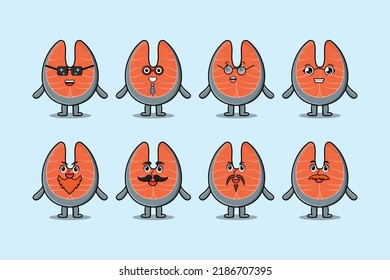 Set kawaii fresh salmon cartoon character with different expressions of cartoon face vector illustrations