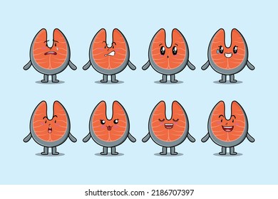 Set kawaii fresh salmon cartoon character with different expressions of cartoon face vector illustrations