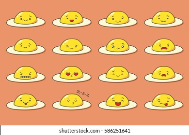 Set of kawaii fried egg emoji. Various facial expressions. Vector illustration isolated on orange background.