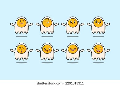Set kawaii fried eggs cartoon character with different expressions cartoon face vector illustrations