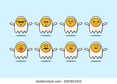 Set kawaii fried eggs cartoon character with different expressions cartoon face vector illustrations