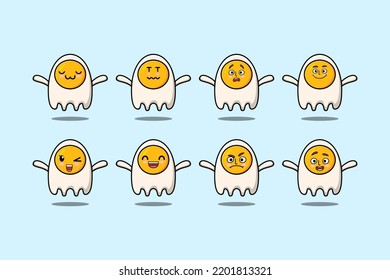Set kawaii fried eggs cartoon character with different expressions cartoon face vector illustrations