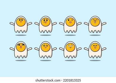 Set kawaii fried eggs cartoon character with different expressions cartoon face vector illustrations