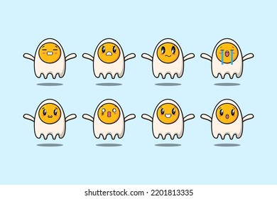 Fijar el personaje de la caricatura de huevos fritos kawaii con diferentes expresiones ilustraciones del vector de caricatura