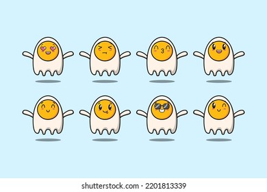 Set kawaii fried eggs cartoon character with different expressions cartoon face vector illustrations