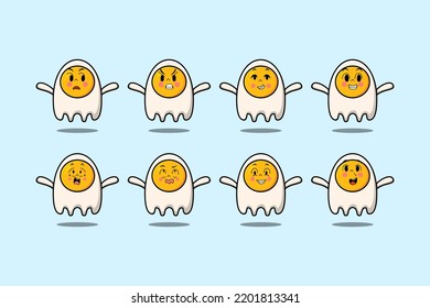 Set kawaii fried eggs cartoon character with different expressions cartoon face vector illustrations