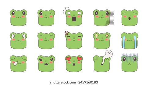 Set of kawaii frogs with different emoji. Vector cute illustration
