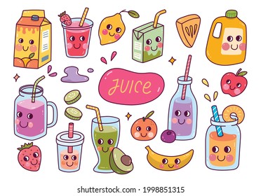 Set of Kawaii Fruit Juice Vector Illustration